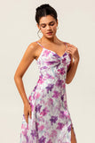 Purple Floral Chiffon Long Ruched Wedding Guest Dress with Slit