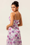 Purple Floral Chiffon Long Ruched Wedding Guest Dress with Slit