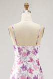 Purple Floral Chiffon Ruched Spaghetti Straps Long Wedding Guest Dress