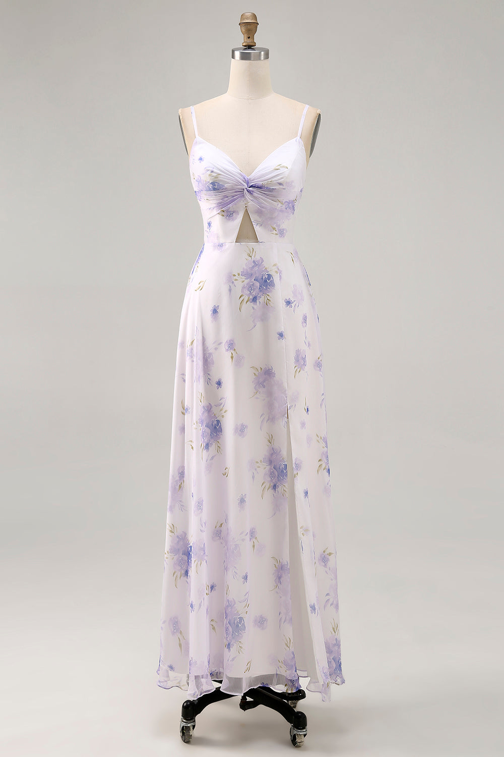 Lavender Floral Cut Out Ruched Long Wedding Guest Dress with Slit
