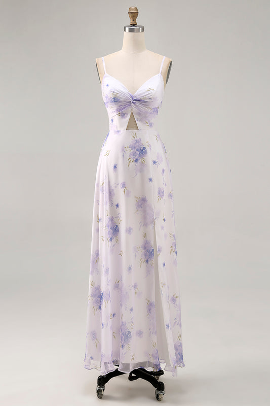 Lavender Floral Cut Out Ruched Long Wedding Guest Dress with Slit