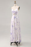 Lavender Floral Cut Out Ruched Long Wedding Guest Dress with Slit