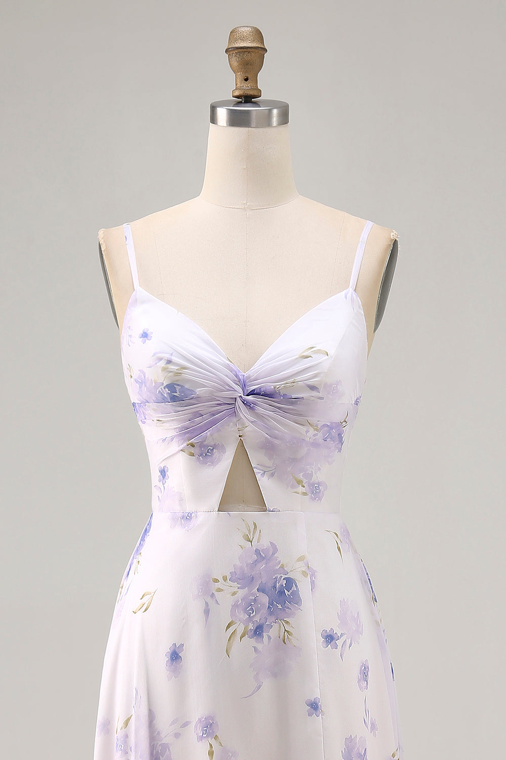 Lavender Floral Cut Out Ruched Long Wedding Guest Dress with Slit