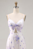 Lavender Floral Cut Out Ruched Long Wedding Guest Dress with Slit