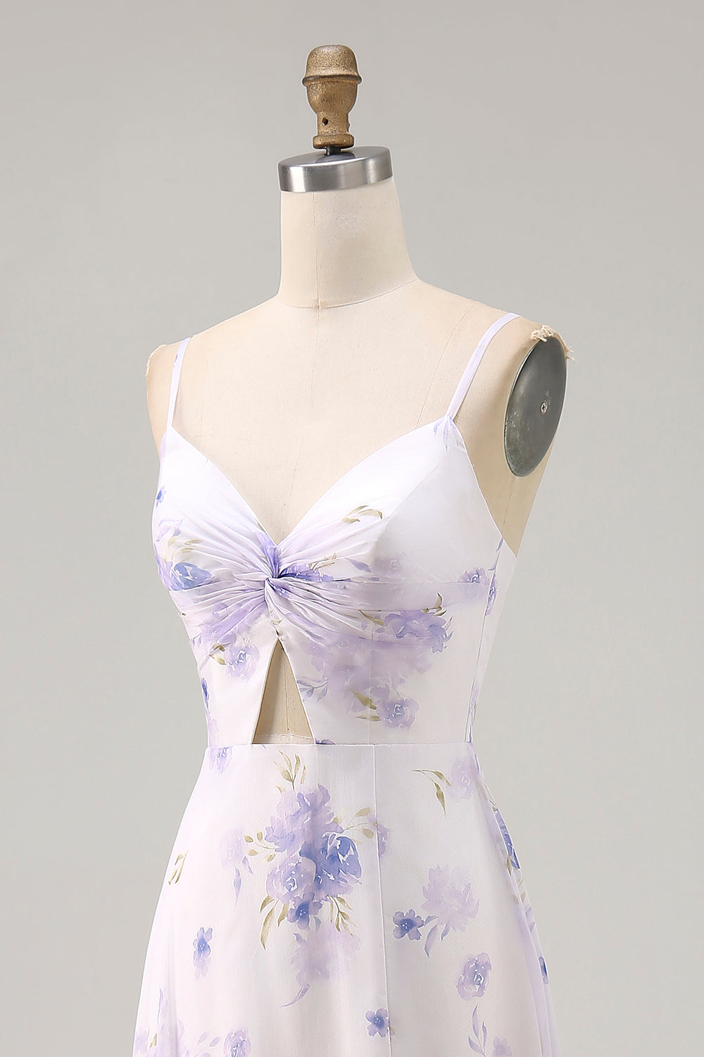 Lavender Floral Cut Out Ruched Long Wedding Guest Dress with Slit