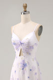 Lavender Floral Cut Out Ruched Long Wedding Guest Dress with Slit