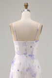 Lavender Floral Cut Out Ruched Long Wedding Guest Dress with Slit
