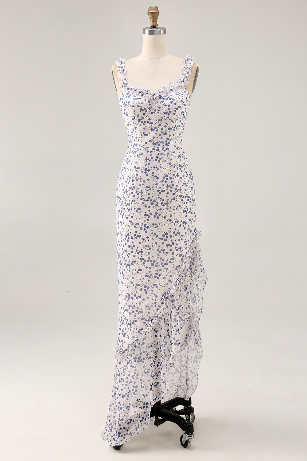 Blue Floral Chiffon Asymmetrical Wedding Guest Dress with Ruffles