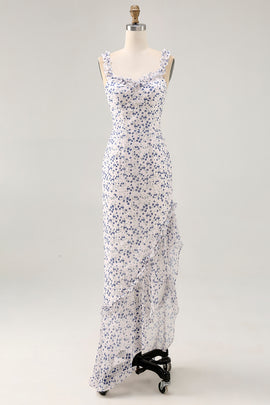 Blue Floral Chiffon Asymmetrical Wedding Guest Dress with Ruffles
