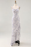 Blue Floral Chiffon Asymmetrical Wedding Guest Dress with Ruffles