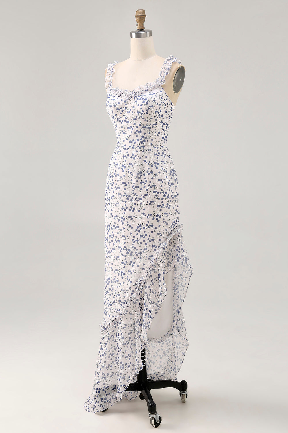 Blue Floral Chiffon Asymmetrical Wedding Guest Dress with Ruffles