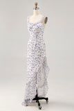 Blue Floral Chiffon Asymmetrical Wedding Guest Dress with Ruffles