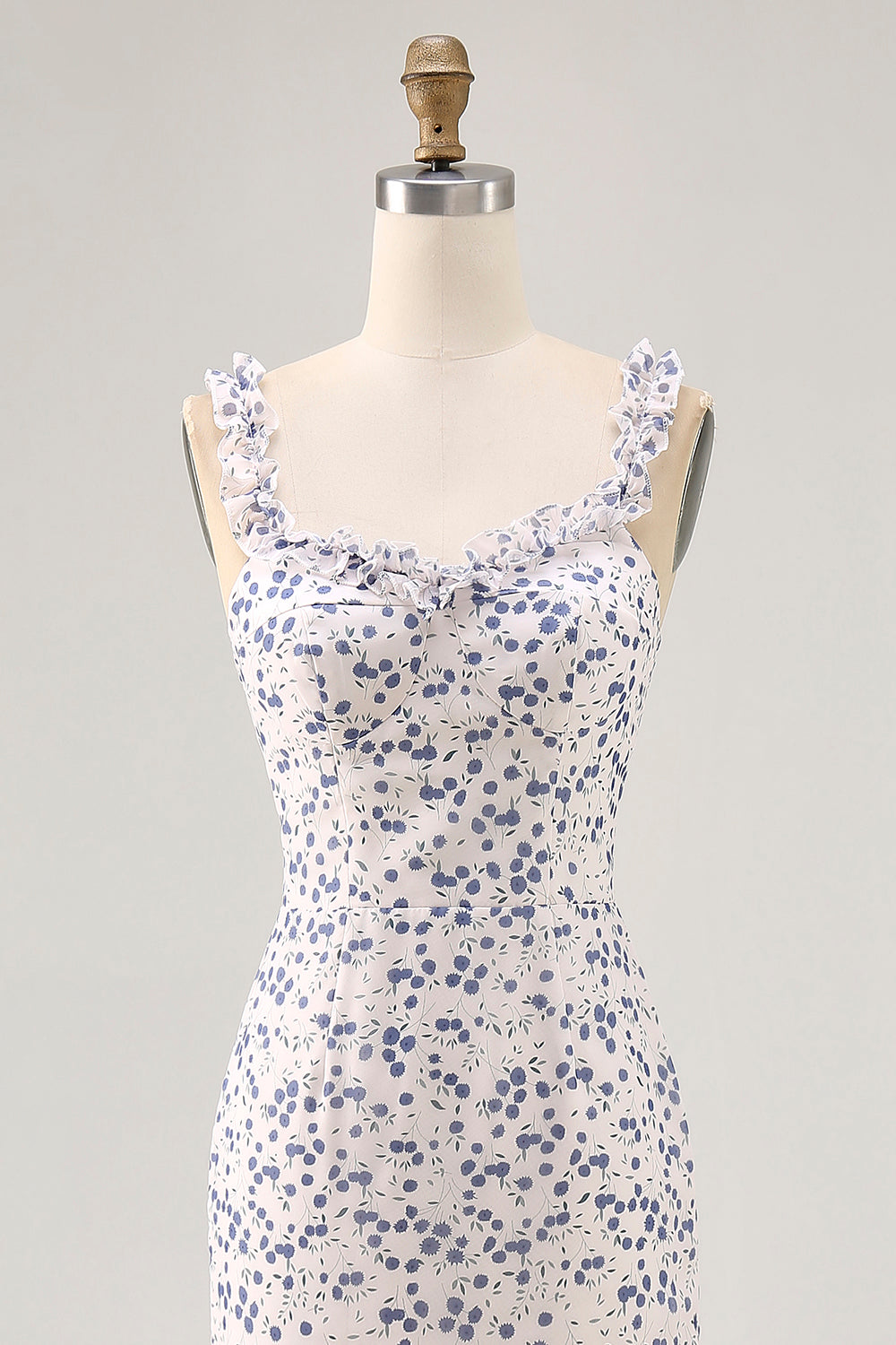Blue Floral Chiffon Asymmetrical Wedding Guest Dress with Ruffles