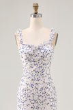 Blue Floral Chiffon Asymmetrical Wedding Guest Dress with Ruffles