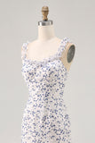 Blue Floral Chiffon Asymmetrical Wedding Guest Dress with Ruffles