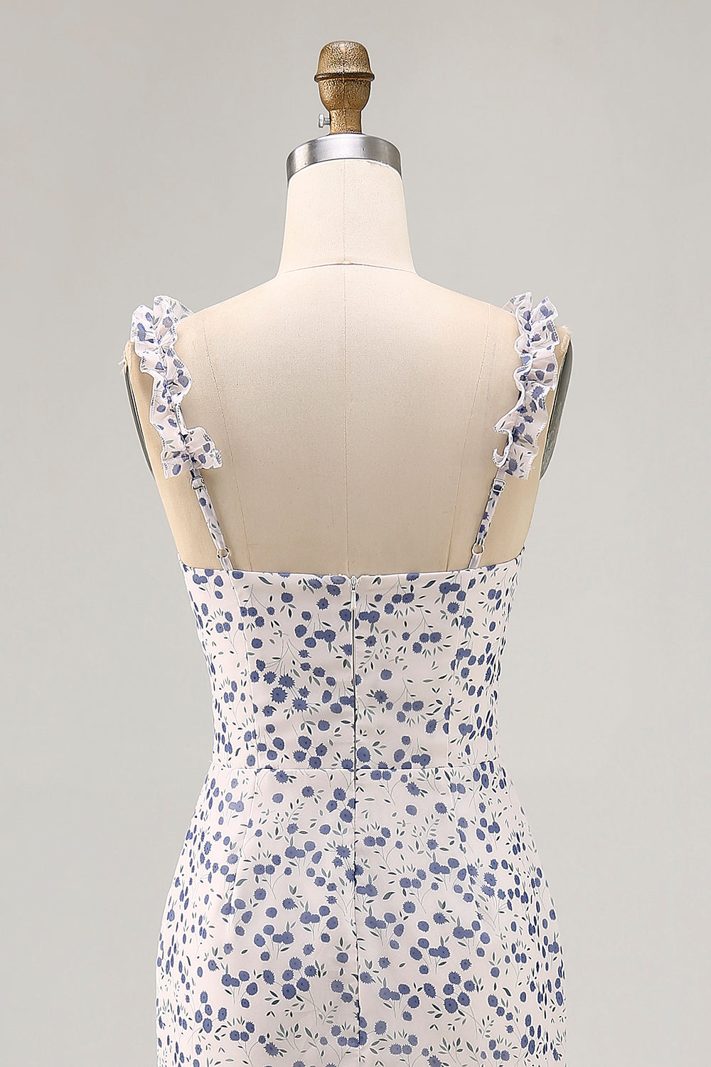 Blue Floral Chiffon Asymmetrical Wedding Guest Dress with Ruffles