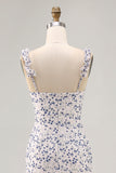 Blue Floral Chiffon Asymmetrical Wedding Guest Dress with Ruffles
