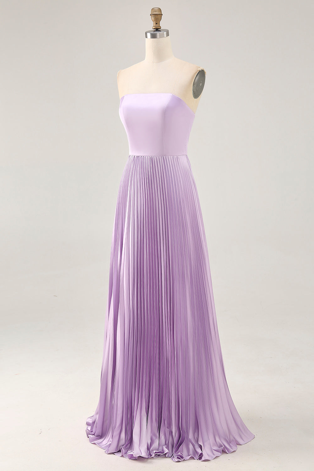 Lilac Strapless A Line Long Bridesmaid Dress with Pleats