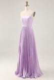 Lilac Strapless A Line Long Bridesmaid Dress with Pleats
