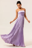 Lilac Strapless Pleated Long A Line Bridesmaid Dress