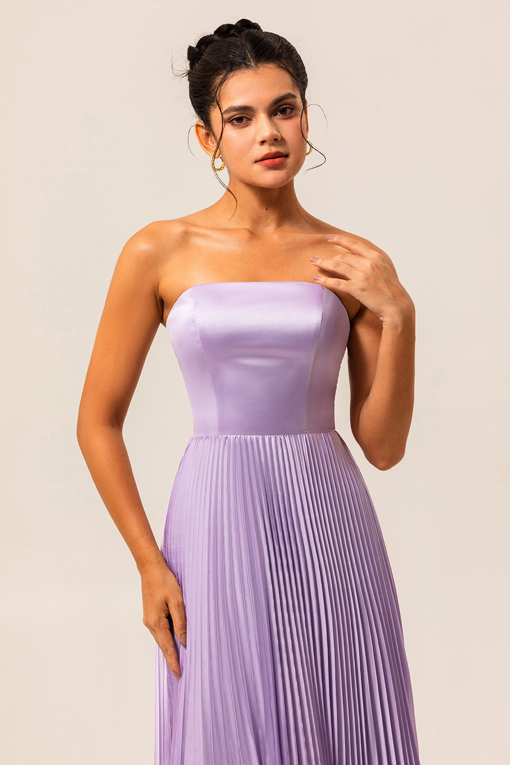 Lilac Strapless Pleated Long A Line Bridesmaid Dress