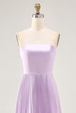 Lilac Strapless A Line Long Bridesmaid Dress with Pleats