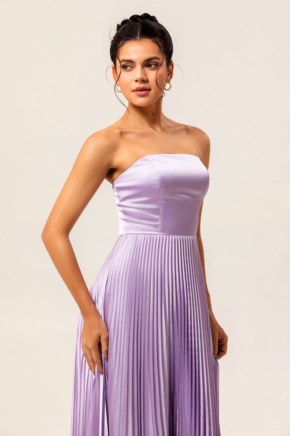 Lilac Strapless Pleated Long A Line Bridesmaid Dress