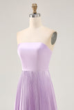 Lilac Strapless A Line Long Bridesmaid Dress with Pleats