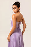 Lilac Strapless Pleated Long A Line Bridesmaid Dress
