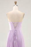 Lilac Strapless A Line Long Bridesmaid Dress with Pleats