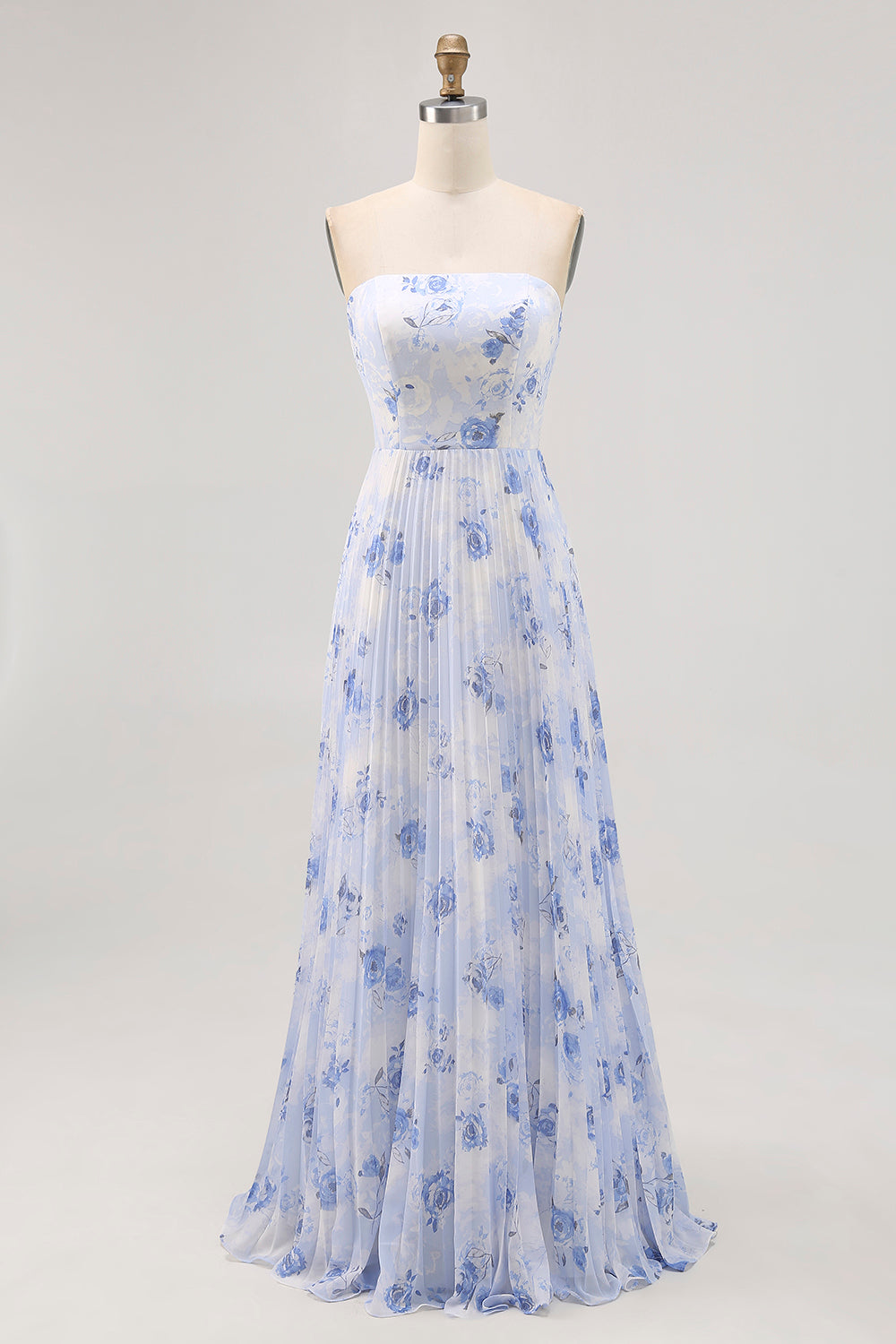 Blue Strapless Floral Chiffon Long Wedding Guest Dress with Pleats