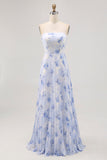 Blue Strapless Floral Chiffon Long Wedding Guest Dress with Pleats