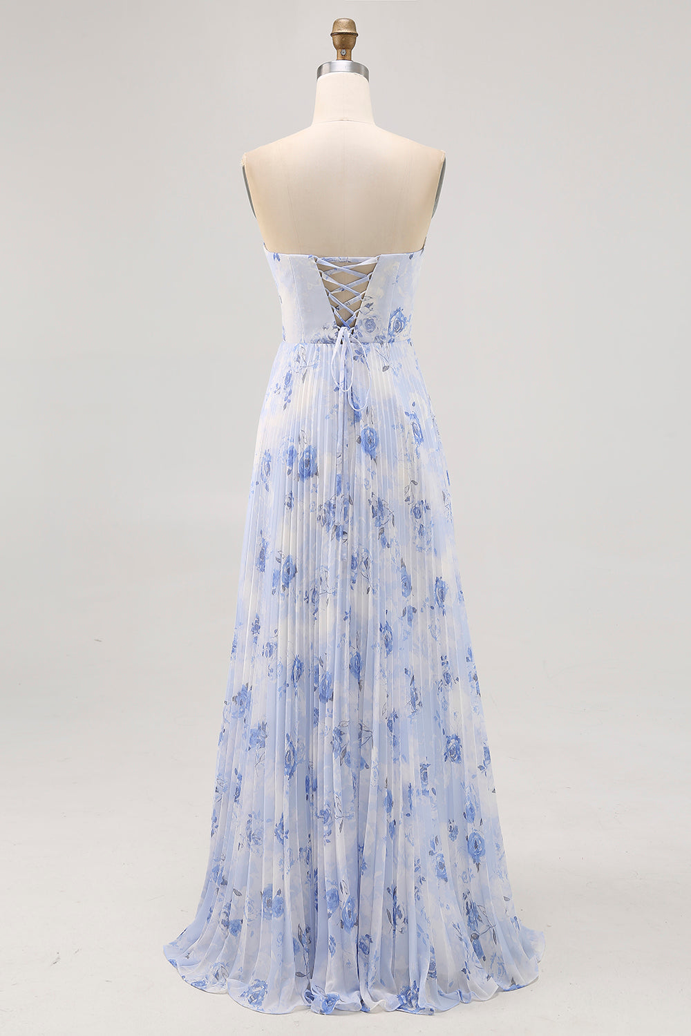 Blue Strapless Floral Chiffon Long Wedding Guest Dress with Pleats
