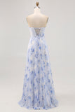 Blue Strapless Floral Chiffon Long Wedding Guest Dress with Pleats