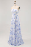 Blue Floral Chiffon Strapless Long Wedding Guest Dress with Pleats