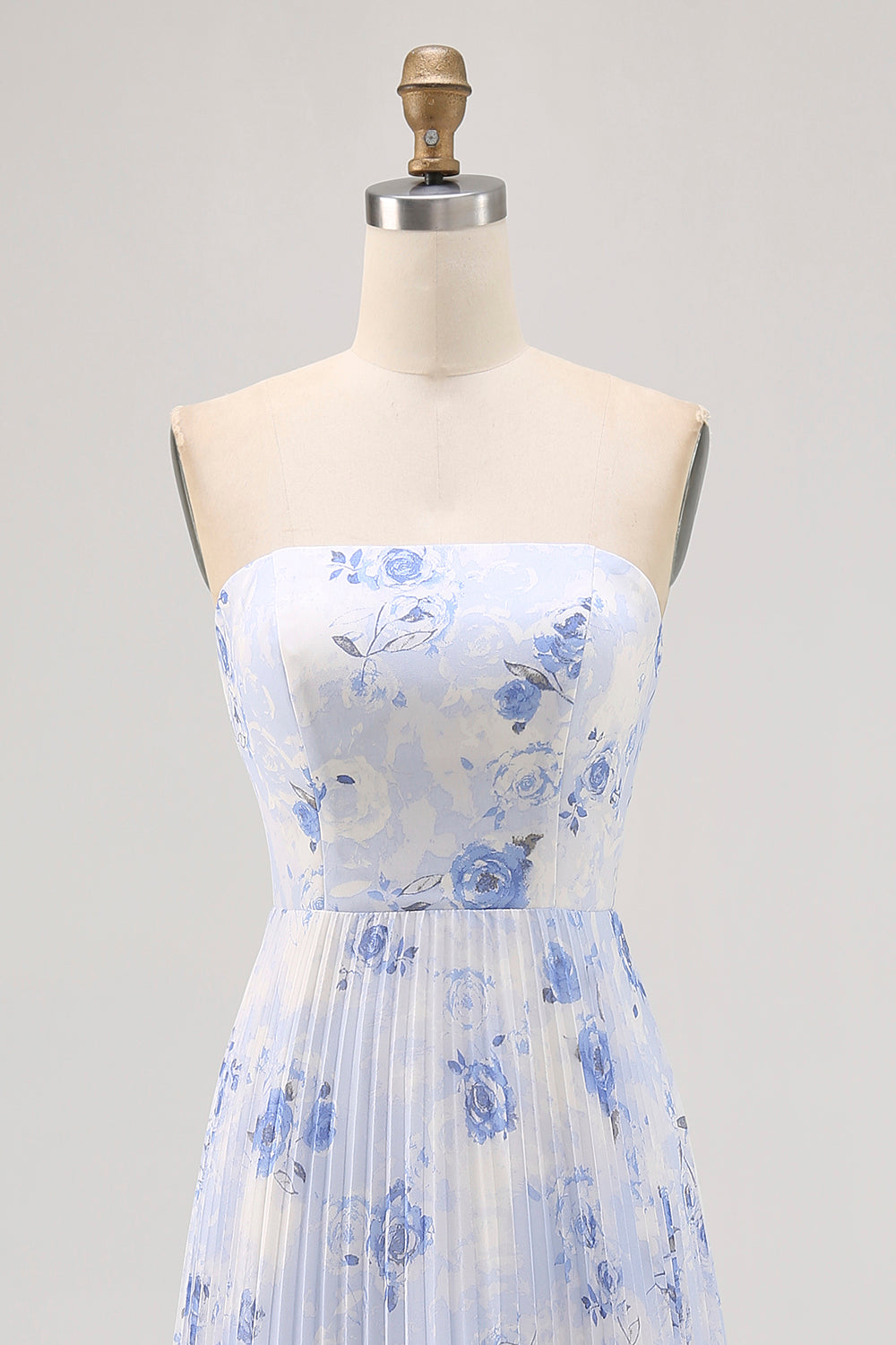 Blue Floral Chiffon Strapless Long Wedding Guest Dress with Pleats