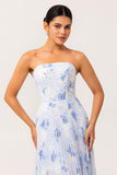 Blue Strapless Floral Chiffon Long Wedding Guest Dress with Pleats