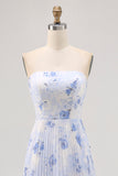 Blue Floral Chiffon Strapless Long Wedding Guest Dress with Pleats