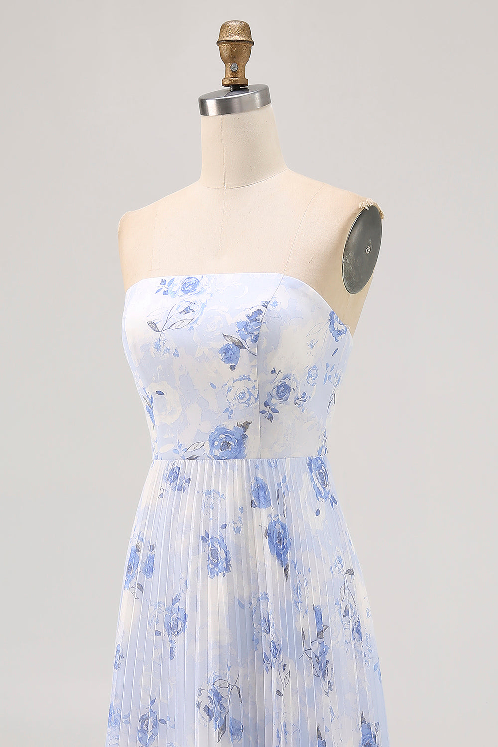Blue Floral Chiffon Strapless Long Wedding Guest Dress with Pleats