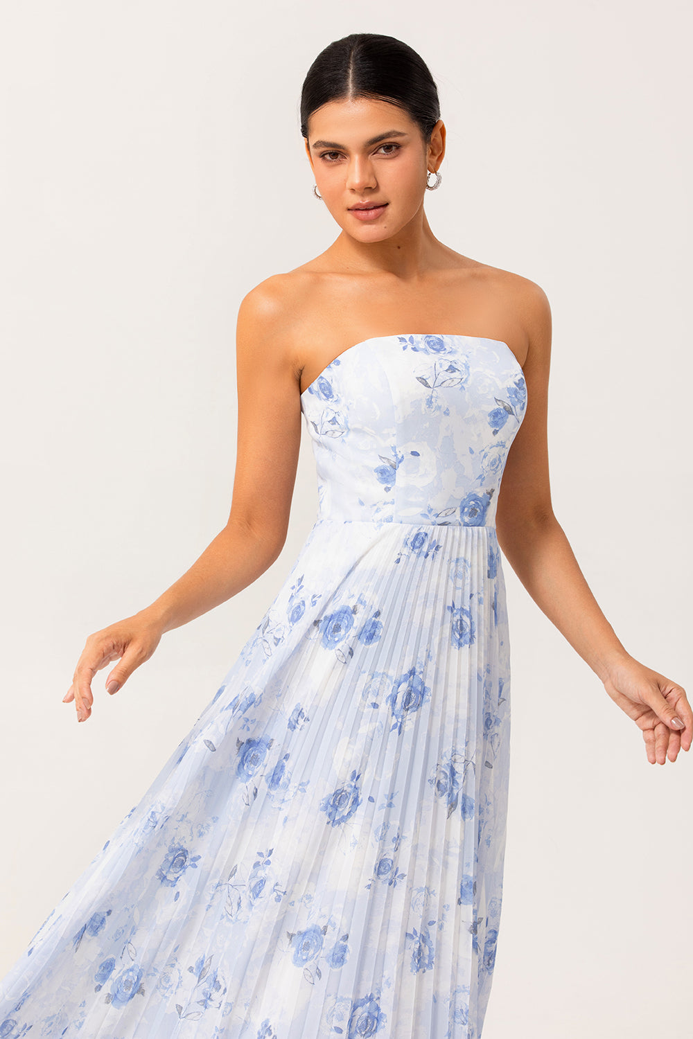 Blue Strapless Floral Chiffon Long Wedding Guest Dress with Pleats