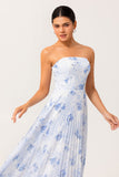 Blue Strapless Floral Chiffon Long Wedding Guest Dress with Pleats