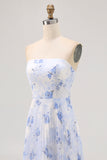Blue Floral Chiffon Strapless Long Wedding Guest Dress with Pleats