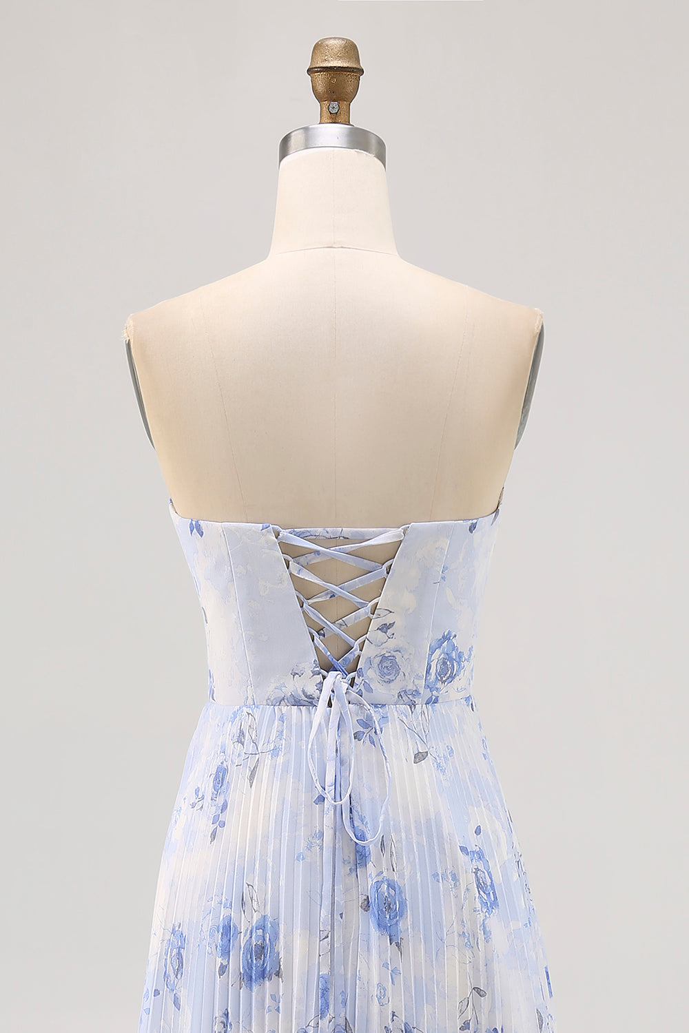 Blue Floral Chiffon Strapless Long Wedding Guest Dress with Pleats