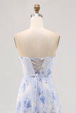 Blue Floral Chiffon Strapless Long Wedding Guest Dress with Pleats