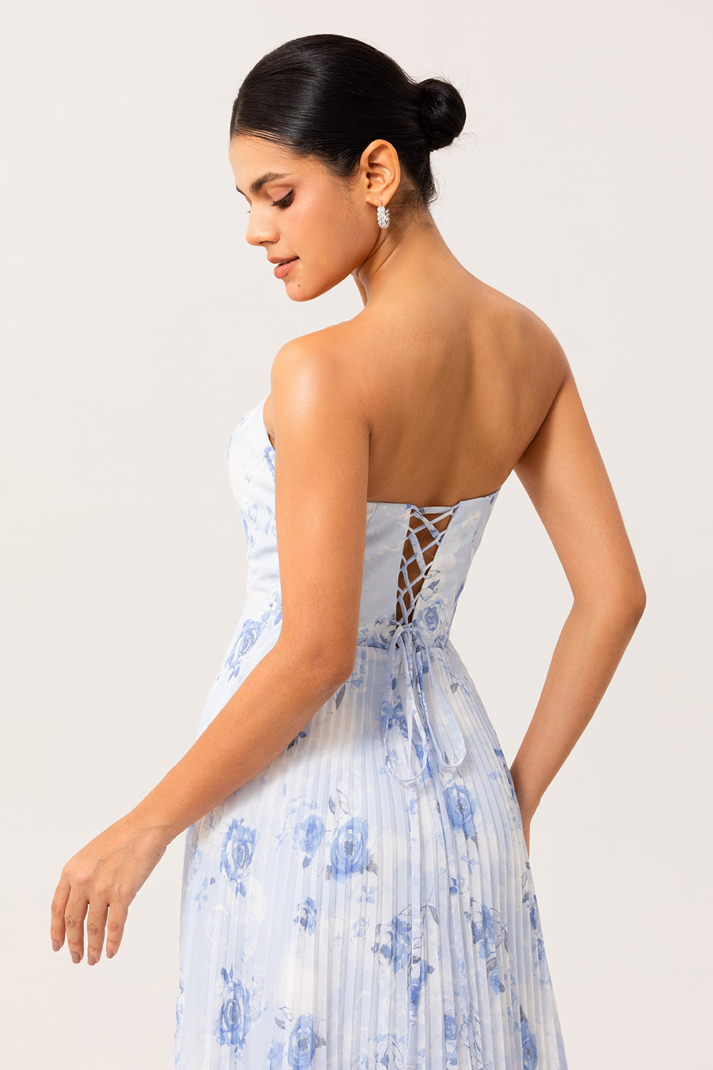 Blue Strapless Floral Chiffon Long Wedding Guest Dress with Pleats