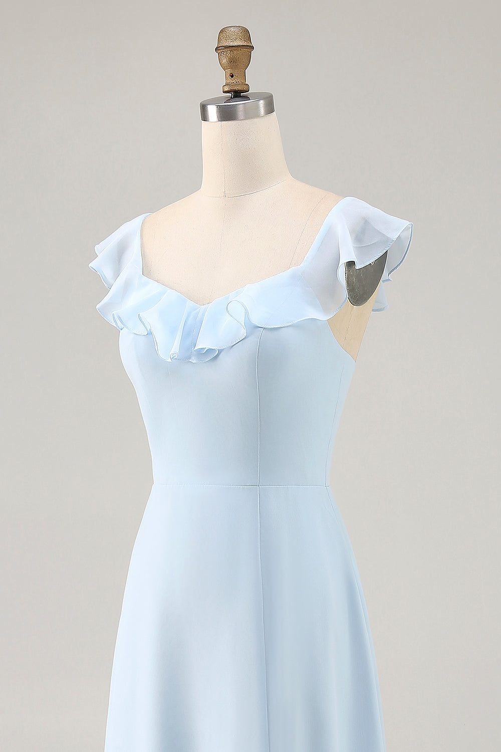 Sky Blue Chiffon Tiered Asymmetrical Bridesmaid Dress with Ruffles