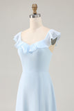 Sky Blue Chiffon Tiered Asymmetrical Bridesmaid Dress with Ruffles
