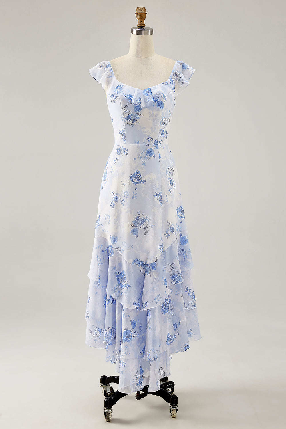 Pink Floral Chiffon Tiered Asymmetrical Wedding Guest Dress with Ruffles