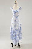 Pink Floral Chiffon Tiered Asymmetrical Wedding Guest Dress with Ruffles