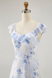 Pink Floral Chiffon Tiered Asymmetrical Wedding Guest Dress with Ruffles
